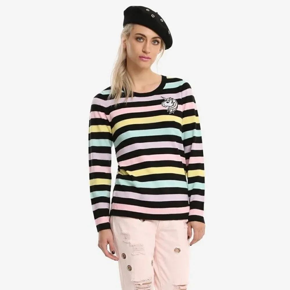 Hot Topic Black & Pastel Striped Unicorn Sweater